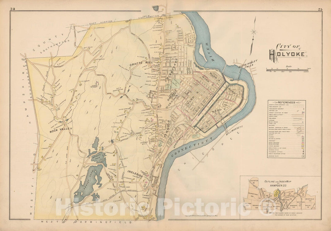 Historic Map : Atlas of Hampden County, Massachusetts, Holyoke 1894 , Vintage Wall Art