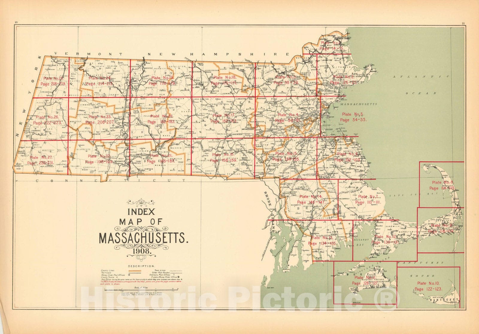 Historic Map : Topographical Atlas of Massachusetts, Massachusetts 1908 , Vintage Wall Art