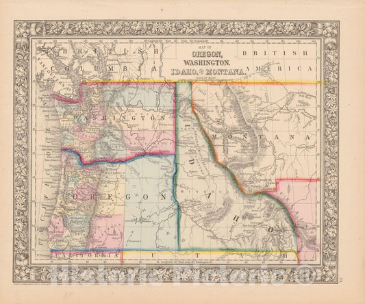 Historic Map : Idaho & Montana & Oregon & Washington 1864 , New General (World) Atlas , Vintage Wall Art