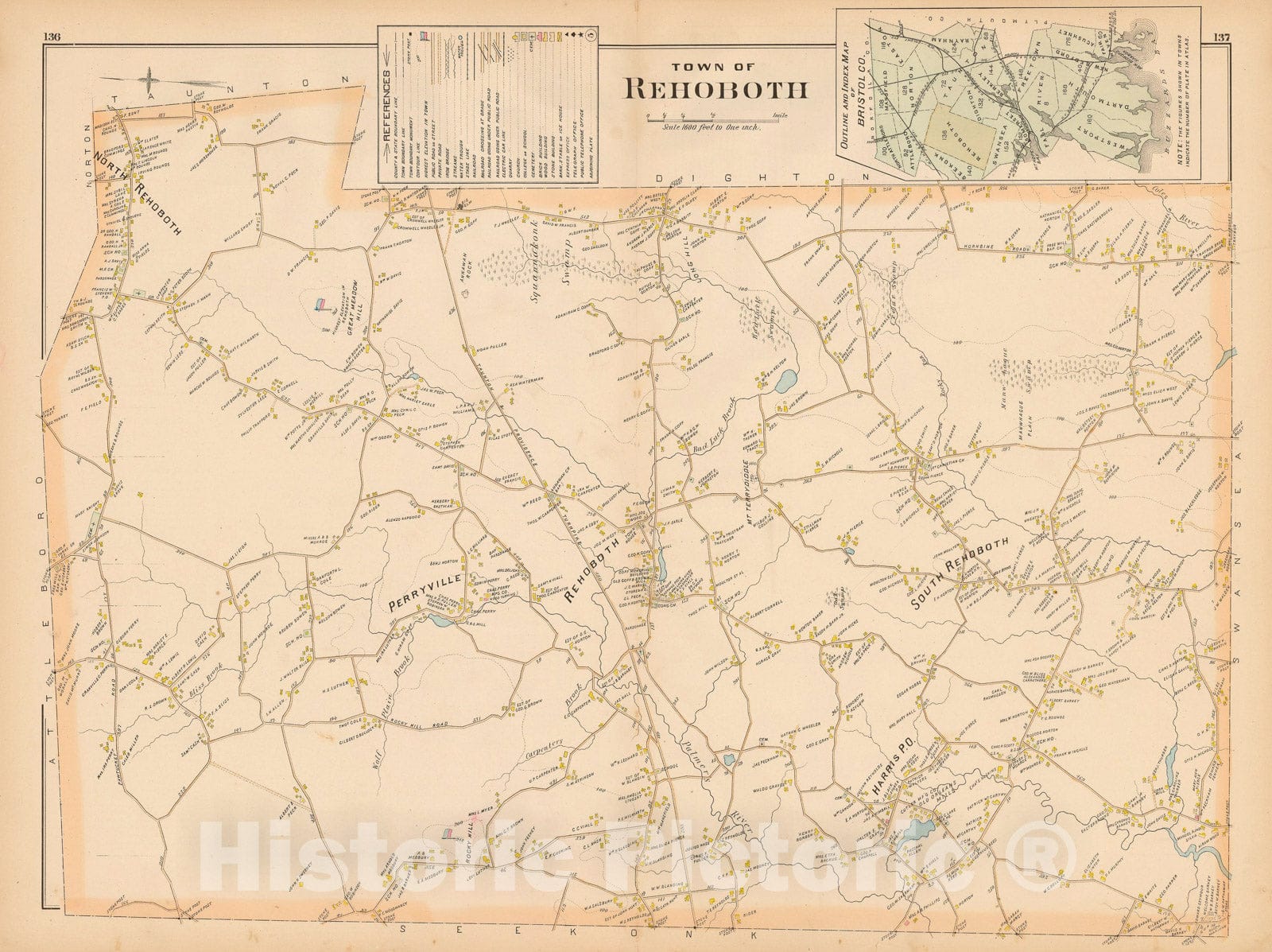 Historic Map : New Topographical Atlas of Surveys Bristol County Massachusetts, Rehoboth 1895 , Vintage Wall Art