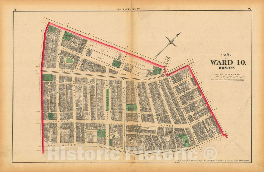 Historic Map : Atlas of County of Suffolk, MA Vol. 1 including Boston Proper, Boston 1874 Plate W , Vintage Wall Art