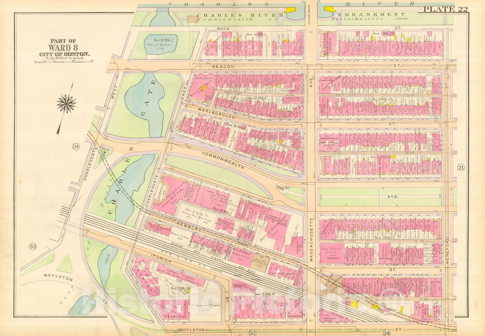 Historic Map : Atlas City of Boston, Boston Proper and Back Bay, Boston 1917 Plate 022 , Vintage Wall Art