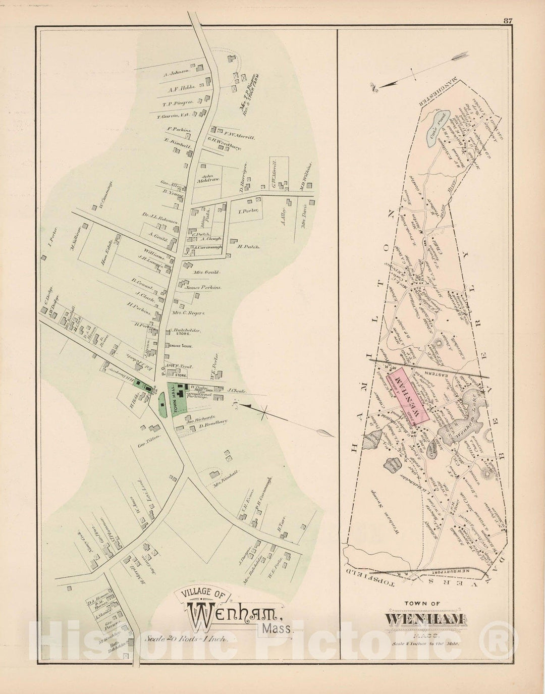 Historic Map : Atlas of Essex County, Wenham 1884 , Vintage Wall Art