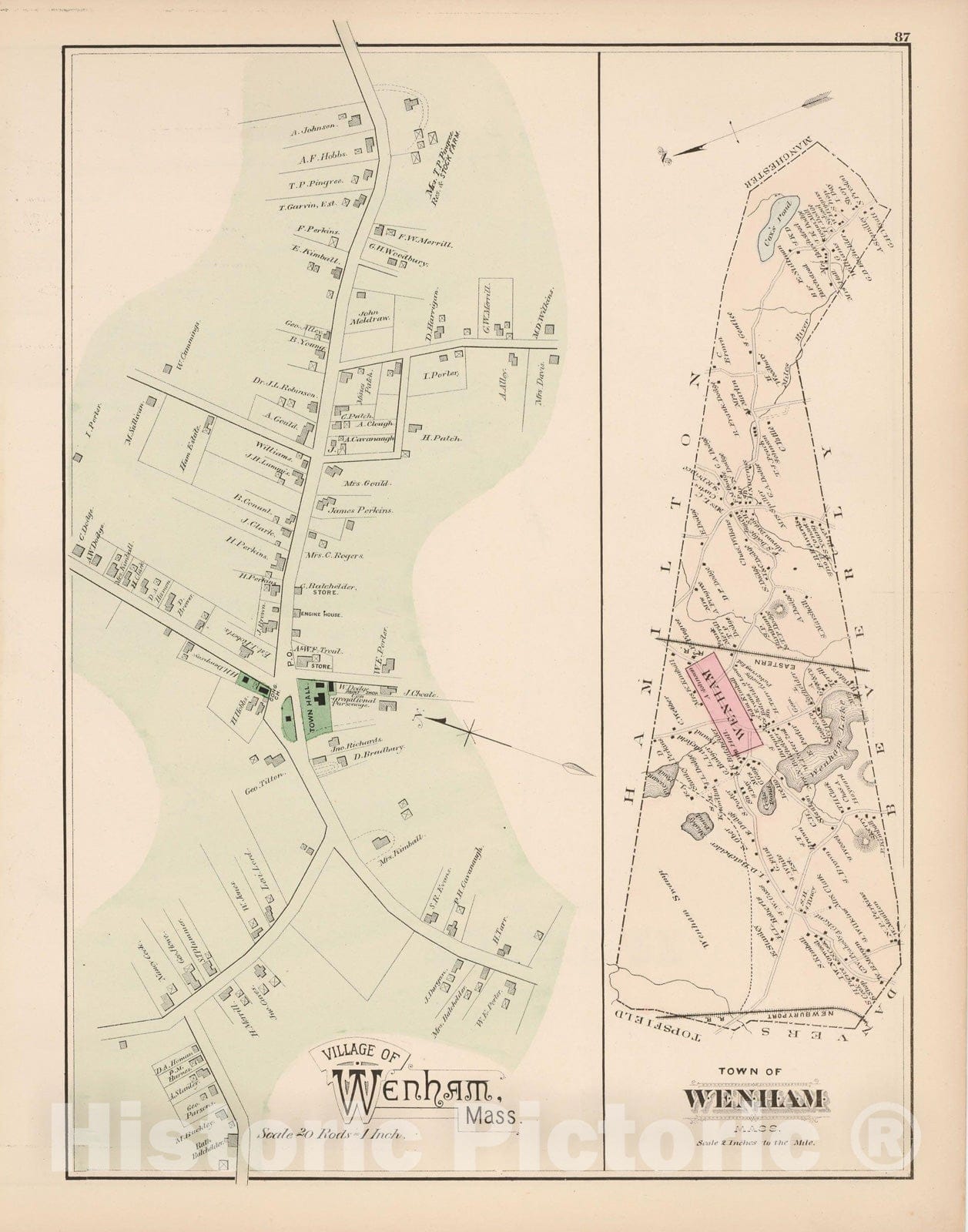 Historic Map : Atlas of Essex County, Wenham 1884 , Vintage Wall Art