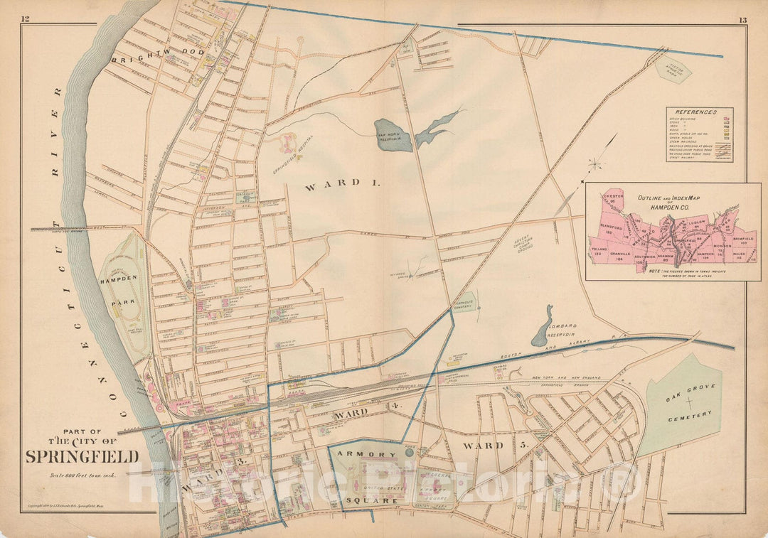 Historic Map : Atlas of Hampden County, Massachusetts, Springfield 1894 , Vintage Wall Art