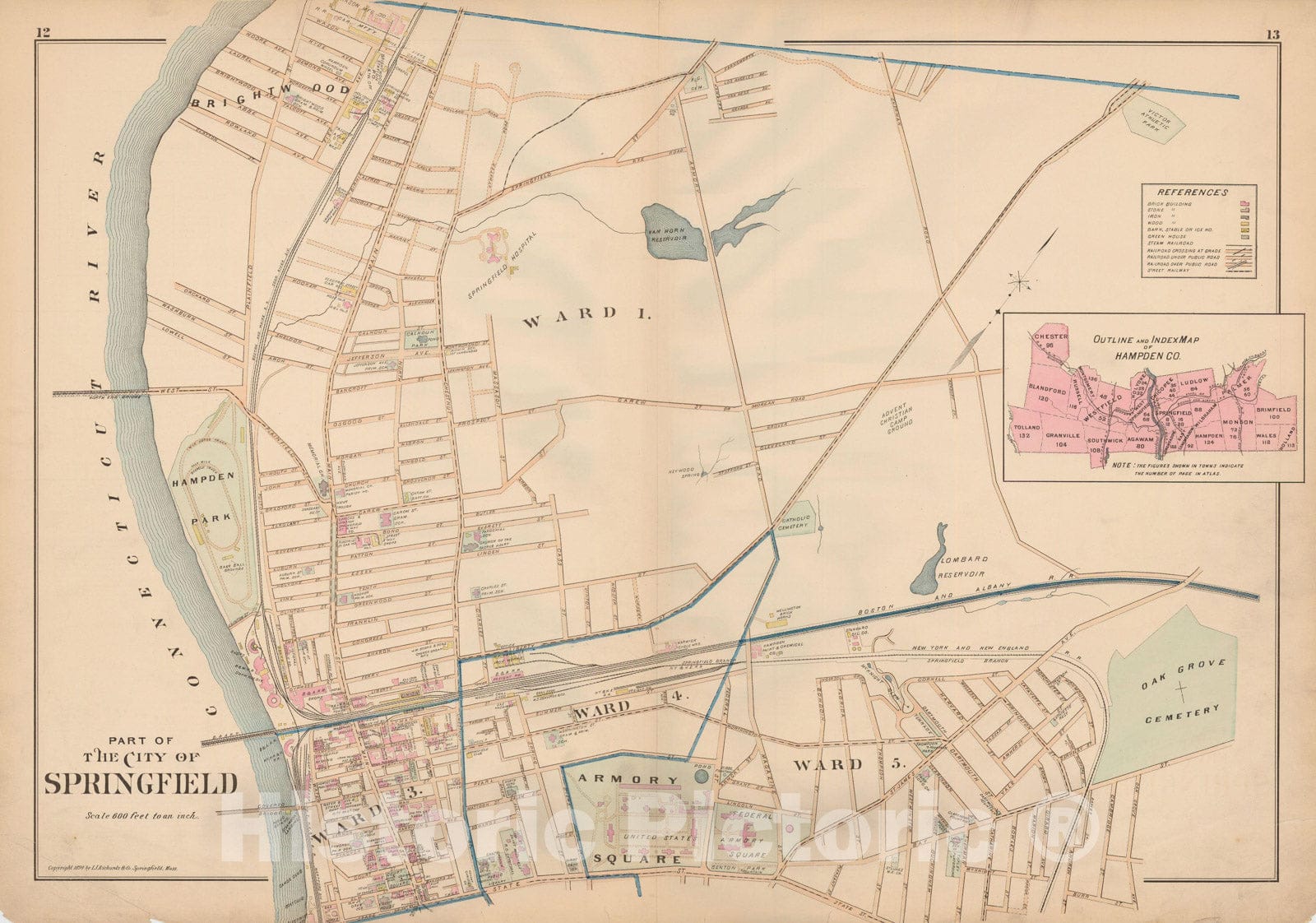 Historic Map : Atlas of Hampden County, Massachusetts, Springfield 1894 , Vintage Wall Art