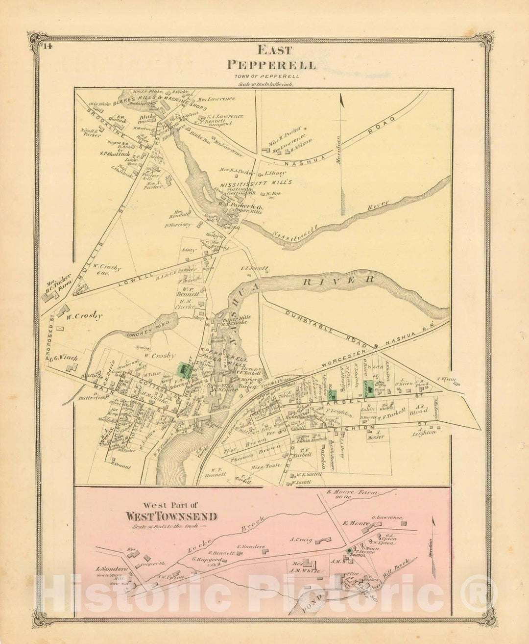 Historic Map : County Atlas of Middlesex Massachusetts, Pepperell & Townsend 1875 , Vintage Wall Art