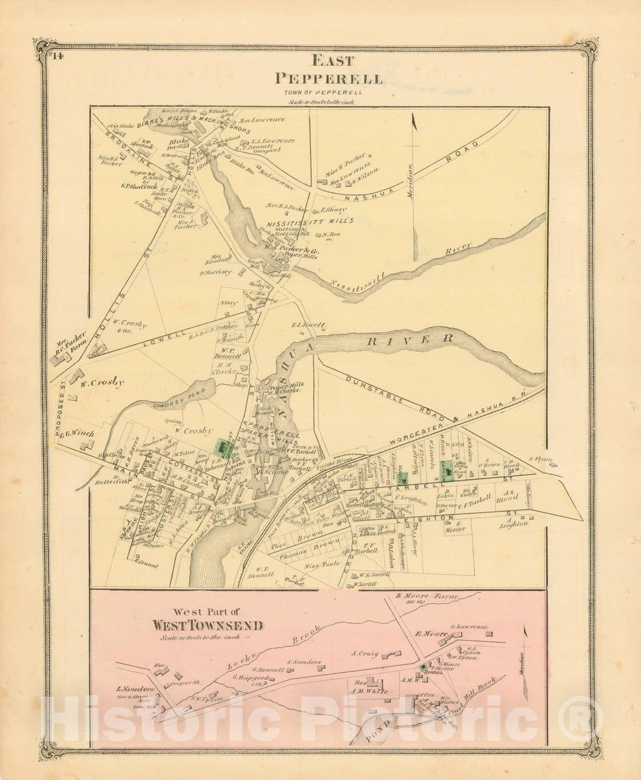 Historic Map : County Atlas of Middlesex Massachusetts, Pepperell & Townsend 1875 , Vintage Wall Art
