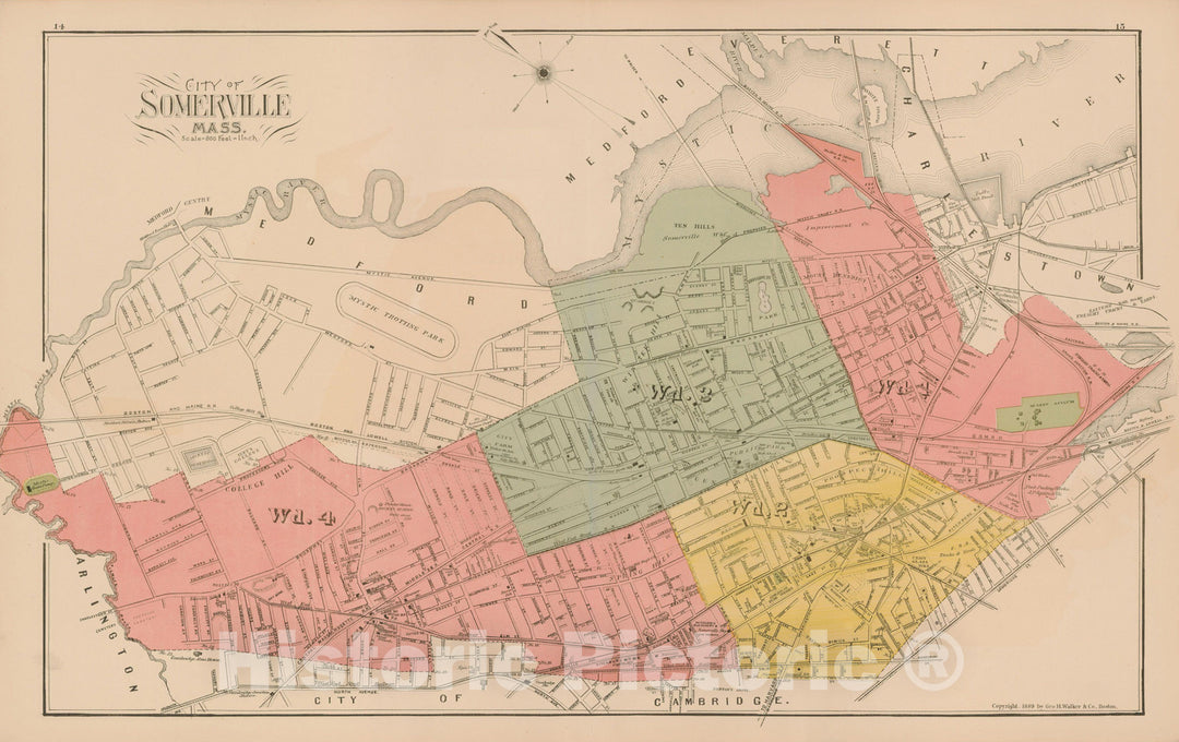 Historic Map : Atlas of Middlesex County, Massachusetts, Somerville 1889 , Vintage Wall Art