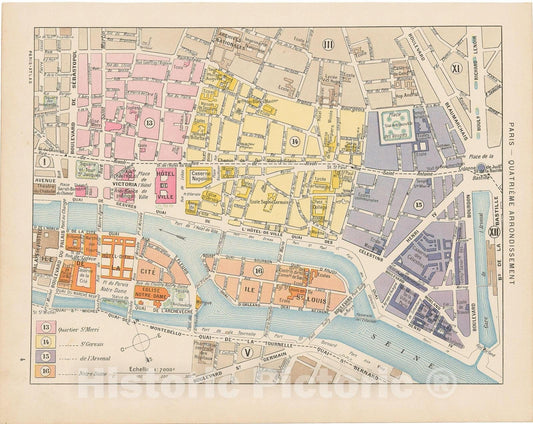 Historic Map : Europe, Paris 1900 4th Arrondissement , Vintage Wall Art