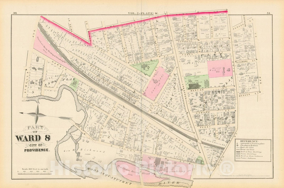Historic Map : City Atlas of Providence Rhode Island by Wards, Volume II, Providence 1875 Plate K , Vintage Wall Art