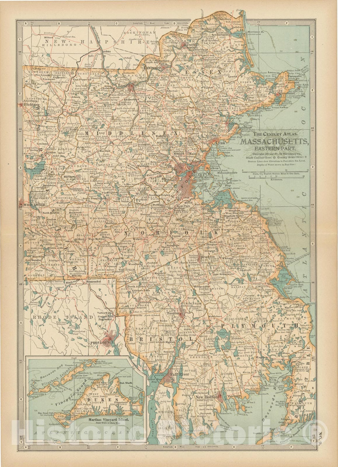 Historic Map : Massachusetts 1914 , Century Atlas of the World, Vintage Wall Art