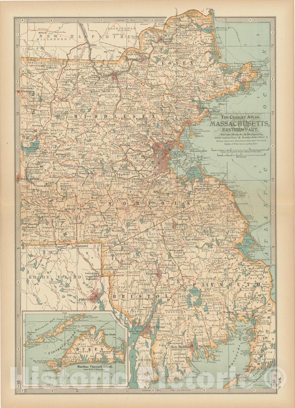 Historic Map : Massachusetts 1914 , Century Atlas of the World, Vintage Wall Art