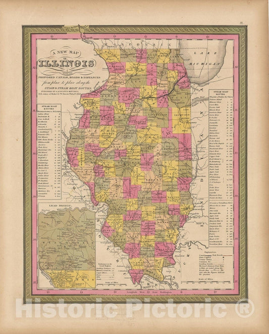 Historic Map : Illinois 1847 , A New Universal Atlas of the World , Vintage Wall Art