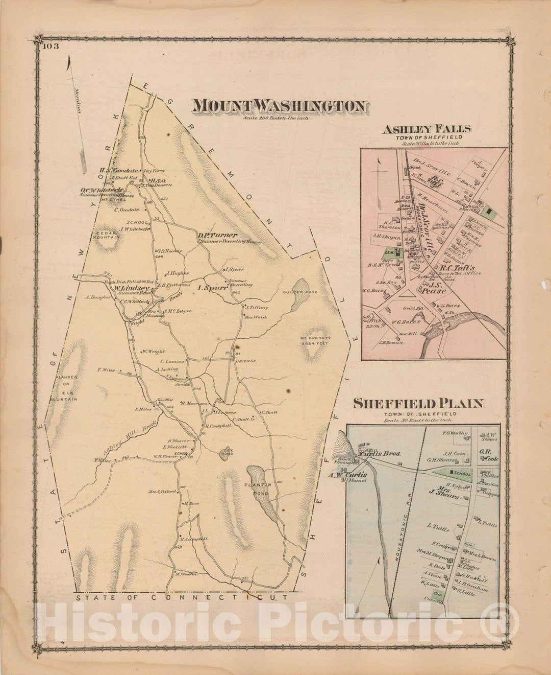 Historic Map : County Atlas of Berkshire County, Mount Washington 1876 , Vintage Wall Art
