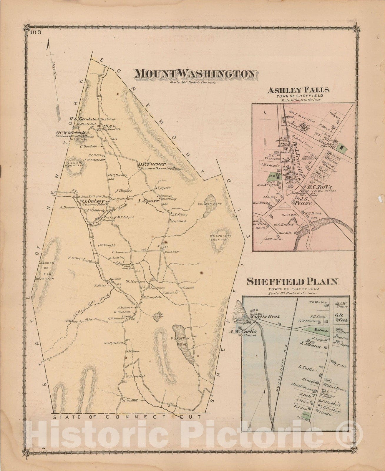 Historic Map : County Atlas of Berkshire County, Mount Washington 1876 , Vintage Wall Art