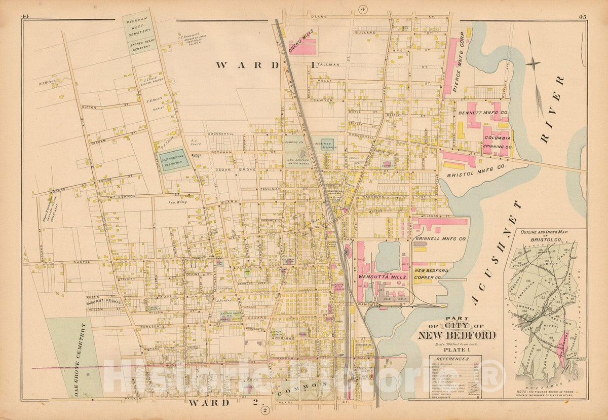 Historic Map : New Topographical Atlas of Surveys Bristol County Massachusetts, New Bedford 1895 Plate 001 , Vintage Wall Art