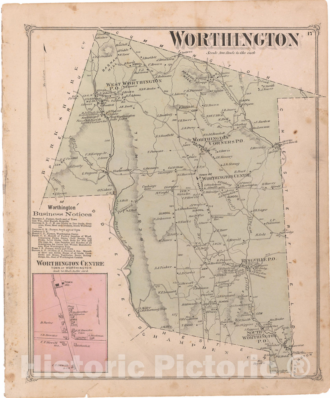 Historic Map : Atlas of Hampshire County Massachusetts, Worthington 1873 , Vintage Wall Art