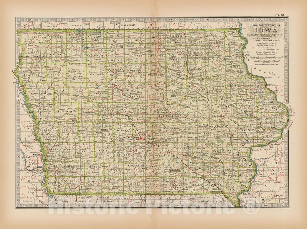 Historic Map : Iowa 1897 , The Century Atlas World , Vintage Wall Art