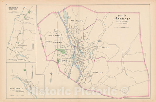 Historic Map : Ansonia & Southbury 1893 , Town and City Atlas State of Connecticut , Vintage Wall Art