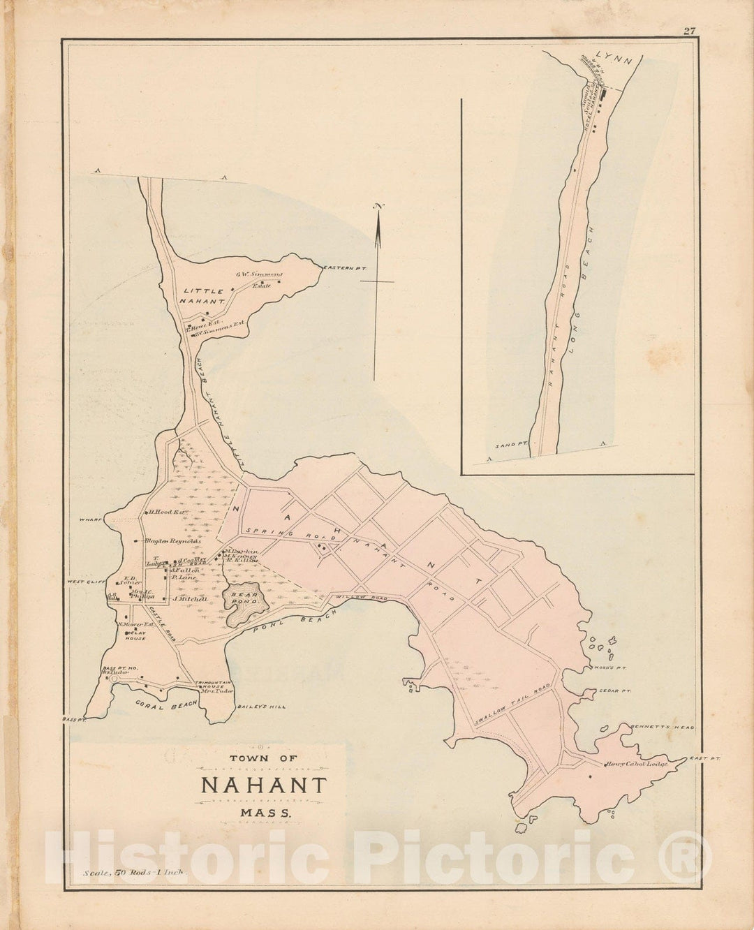Historic Map : Atlas of Essex County, Nahant 1884 , Vintage Wall Art