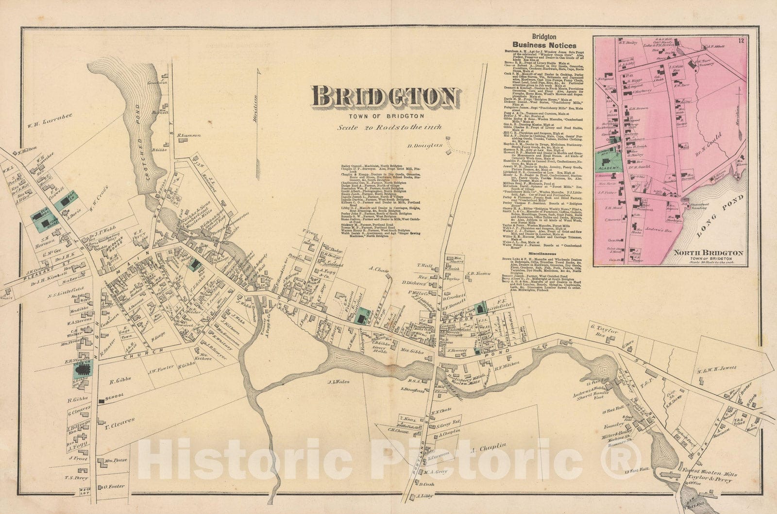 Historic Map : Atlas of Cumberland County Maine, Bridgton 1871 , Vintage Wall Art