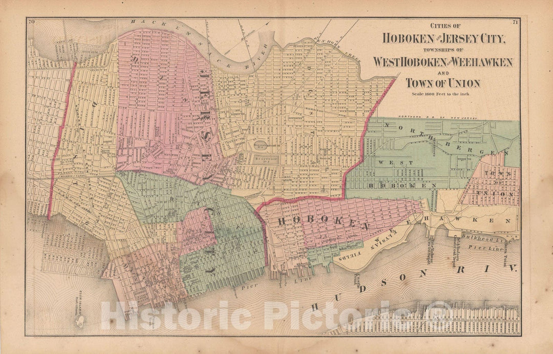 Historic Map : Hoboken & Jersey City & Union & Weehawken & West Hoboken 1872 , Vintage Wall Art