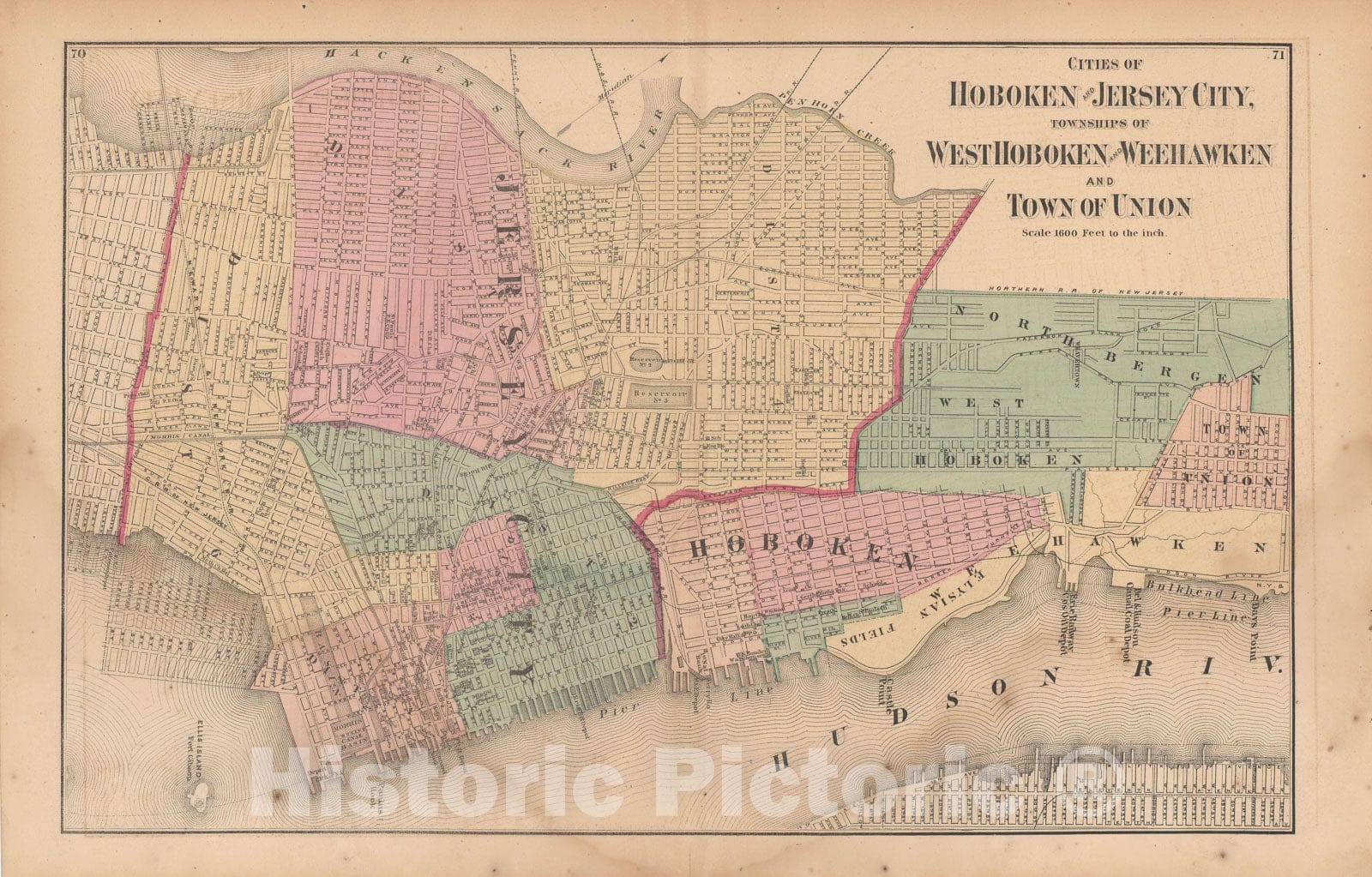 Historic Map : Hoboken & Jersey City & Union & Weehawken & West Hoboken 1872 , Vintage Wall Art