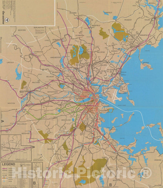 Historic Map : Greater Boston Transit Maps, MBTA System Route Map 1974 Railroad Catography , Vintage Wall Art