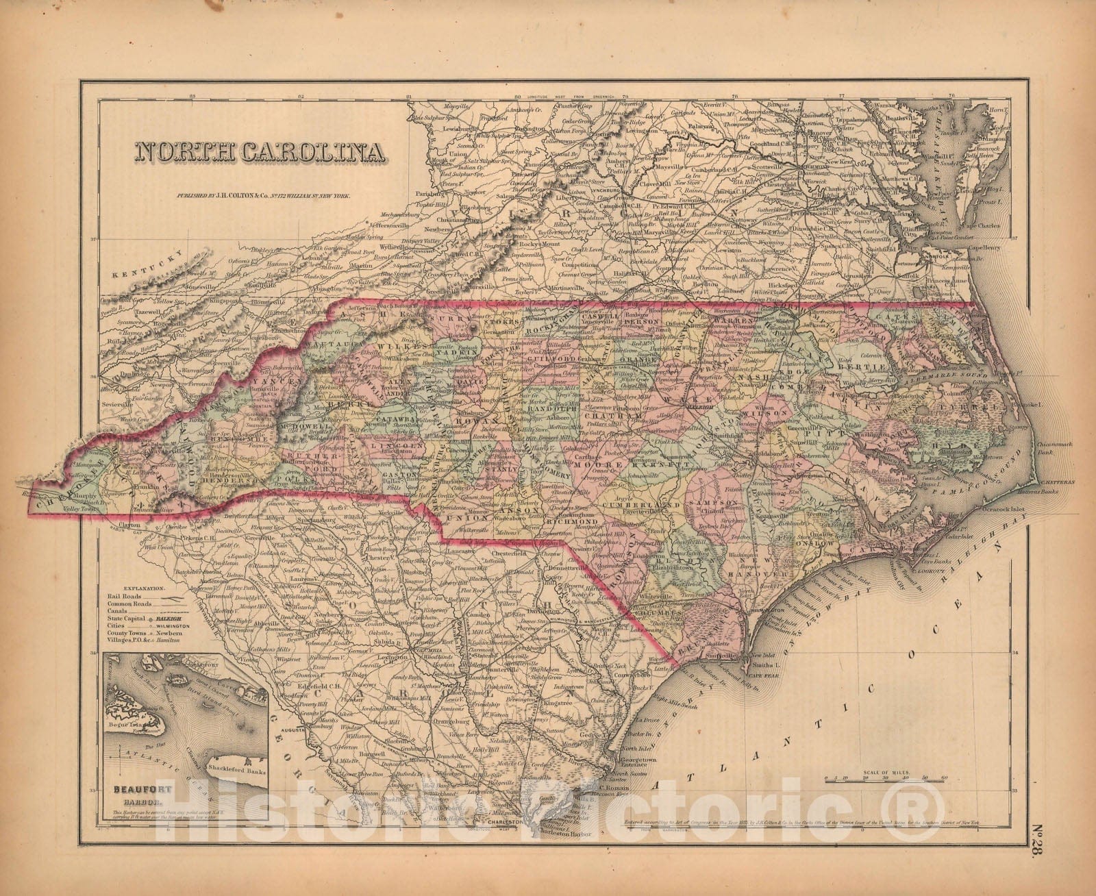 Historic Map : North Carolina 1857 , General Atlas (Of The World) , Vintage Wall Art