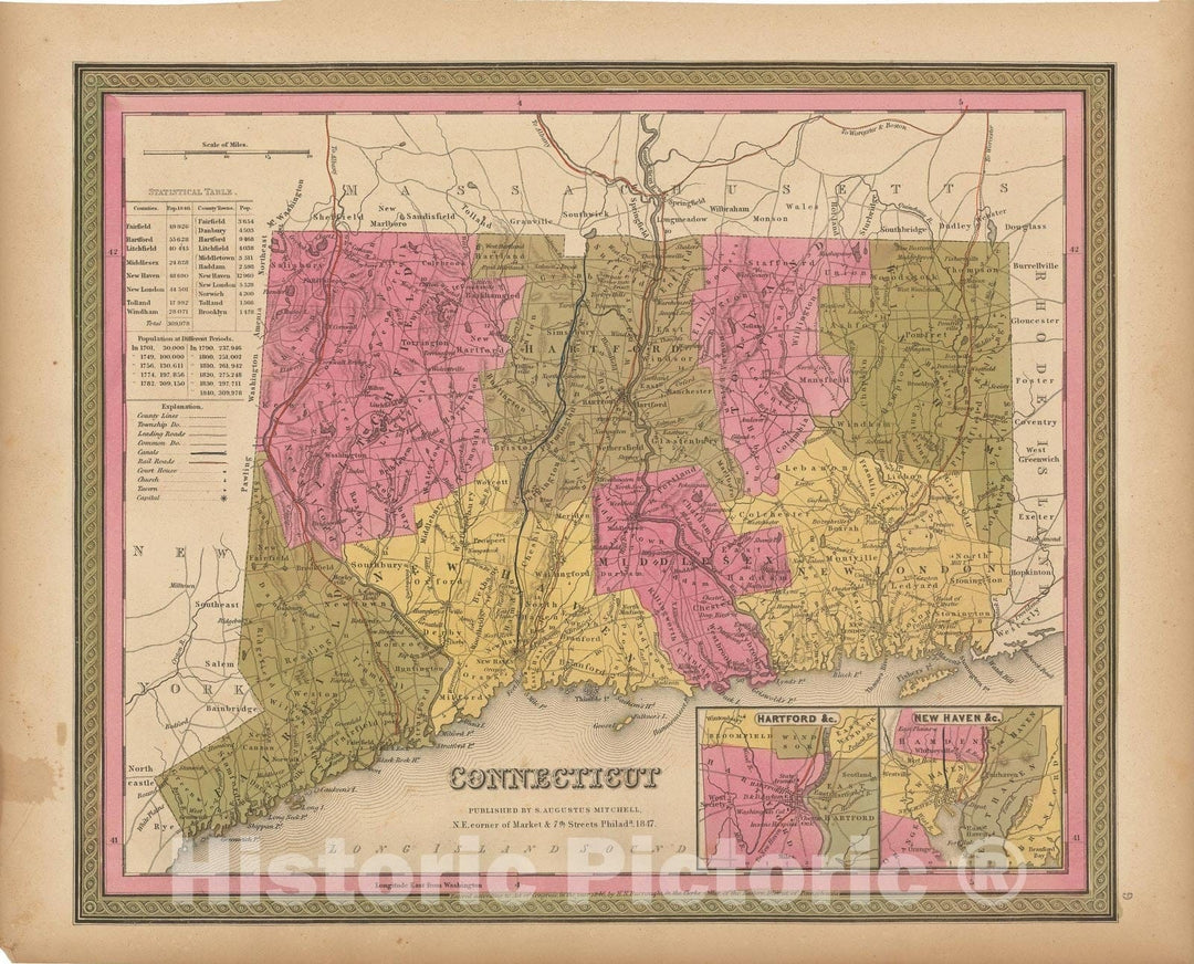 Historic Map : Connecticut 1847 , A New Universal Atlas of the World , Vintage Wall Art