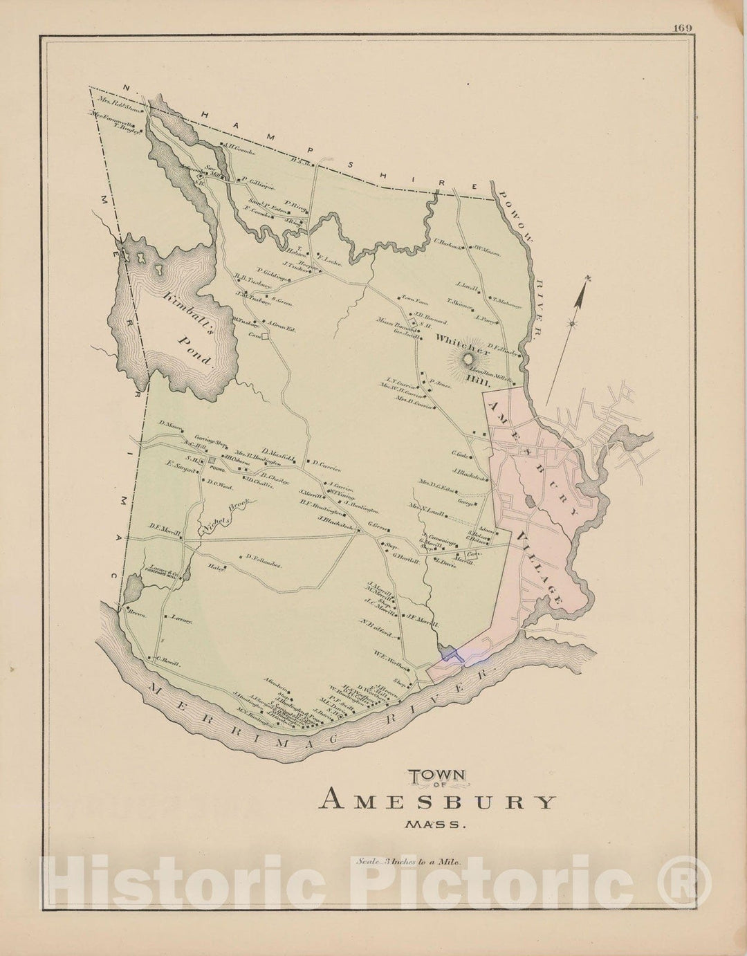 Historic Map : Atlas of Essex County, Amesbury 1884 , Vintage Wall Art