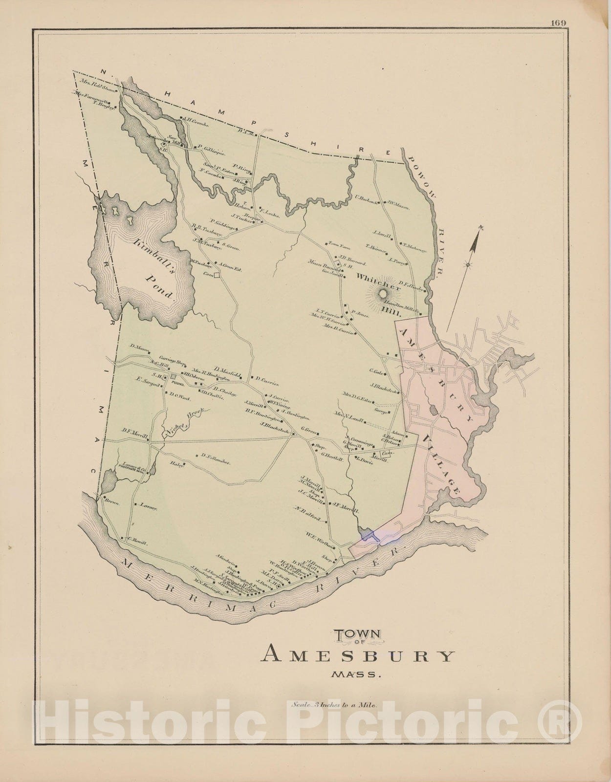Historic Map : Atlas of Essex County, Amesbury 1884 , Vintage Wall Art