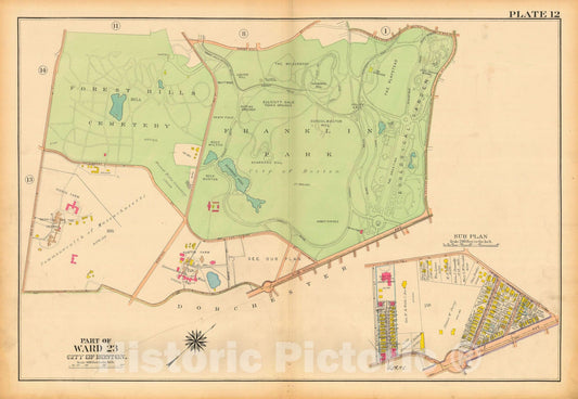 Historic Map : Atlas City of Boston, West Roxbury, Jamaica Plain 1914 Plate 012 , Vintage Wall Art
