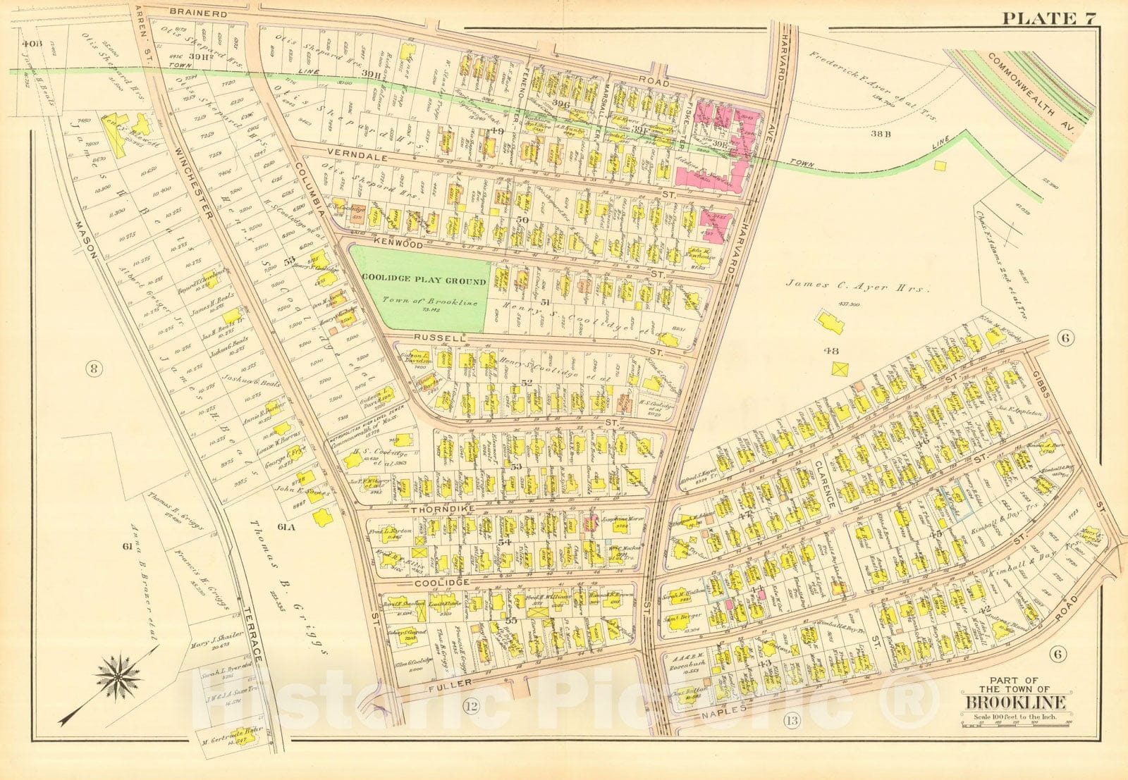 Historic Map : Atlas Town of Brookline, Norfolk County Massachusetts, Brookline 1913 Plate 007 , Vintage Wall Art