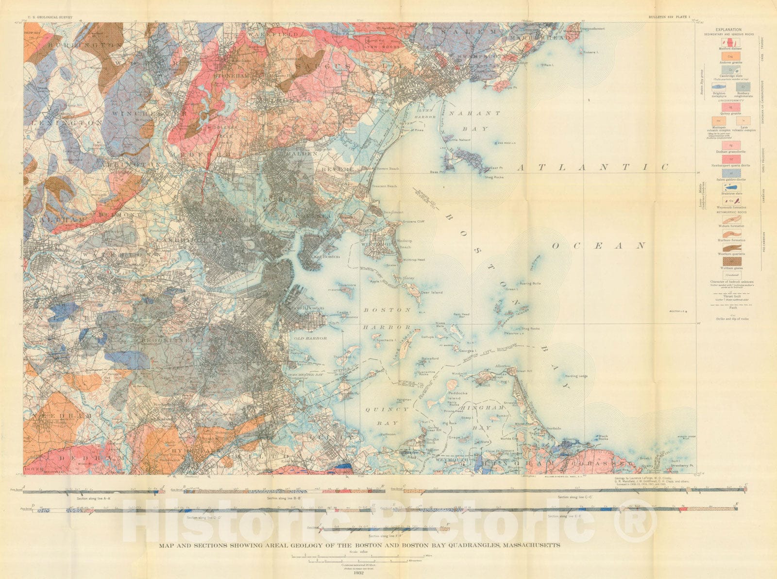 Historic Map : Areal Geology, Boston and Boston Bay Quadrangles 1932 , Vintage Wall Art