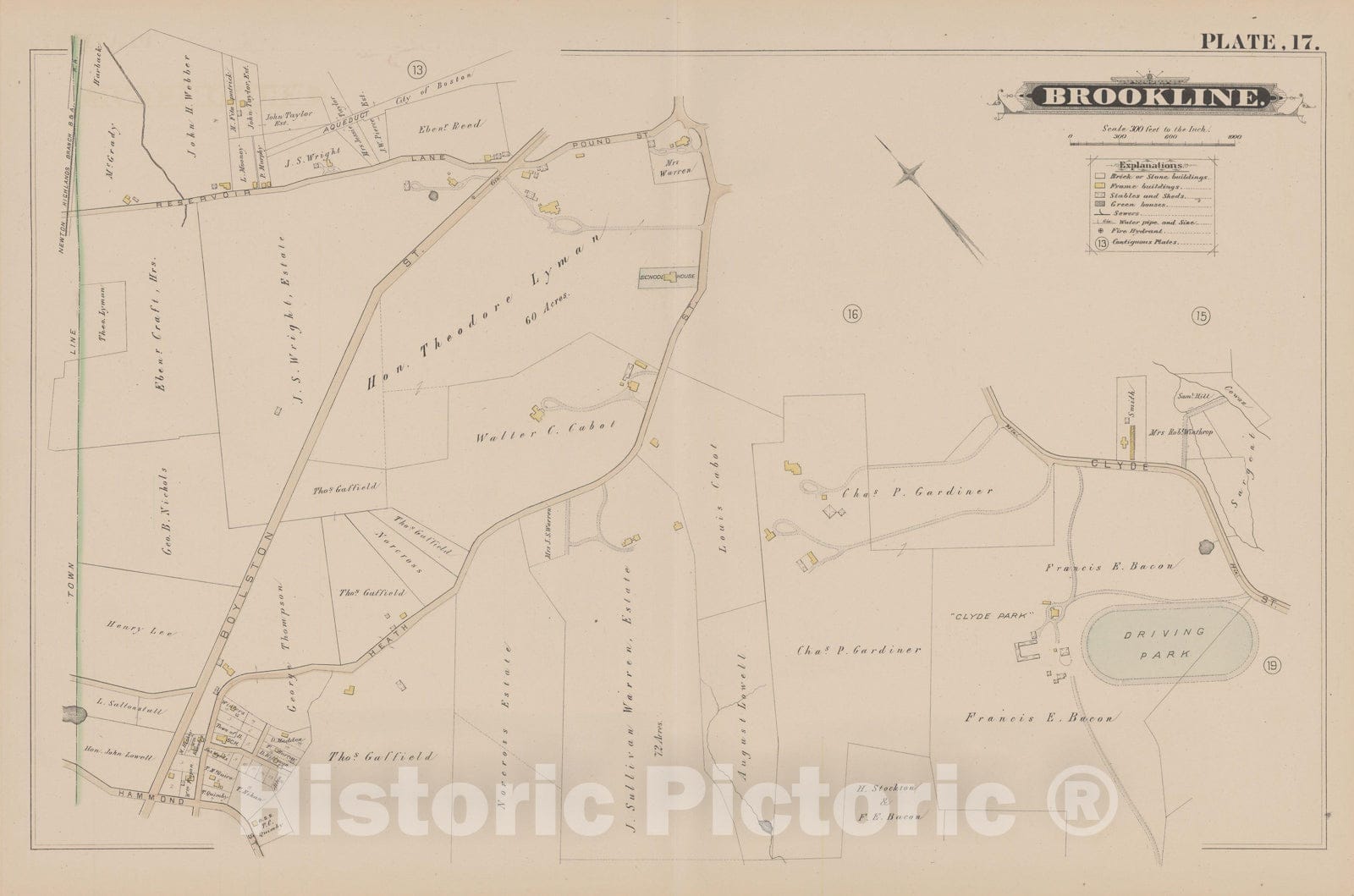 Historic Map : Atlas of Brookline, MA, Brookline 1884 Plate 017 , Vintage Wall Art