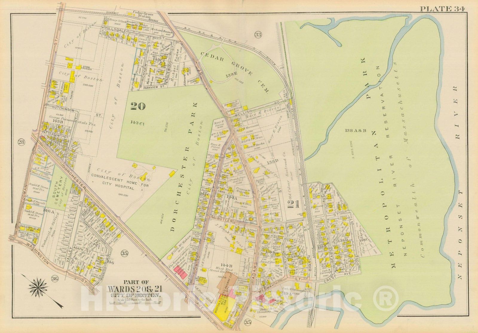 Historic Map : Atlas City of Boston, Dorchester, Dorchester 1918 Plate 034 , Vintage Wall Art