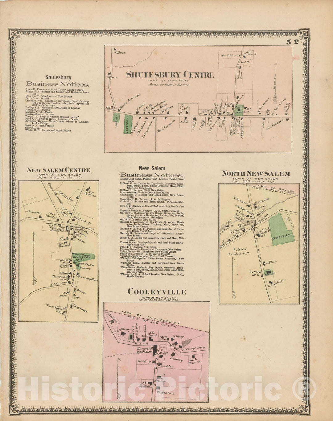 Historic Map : Atlas of Franklin Co. Massachusetts, New Salem & Shutesbury 1871 , Vintage Wall Art