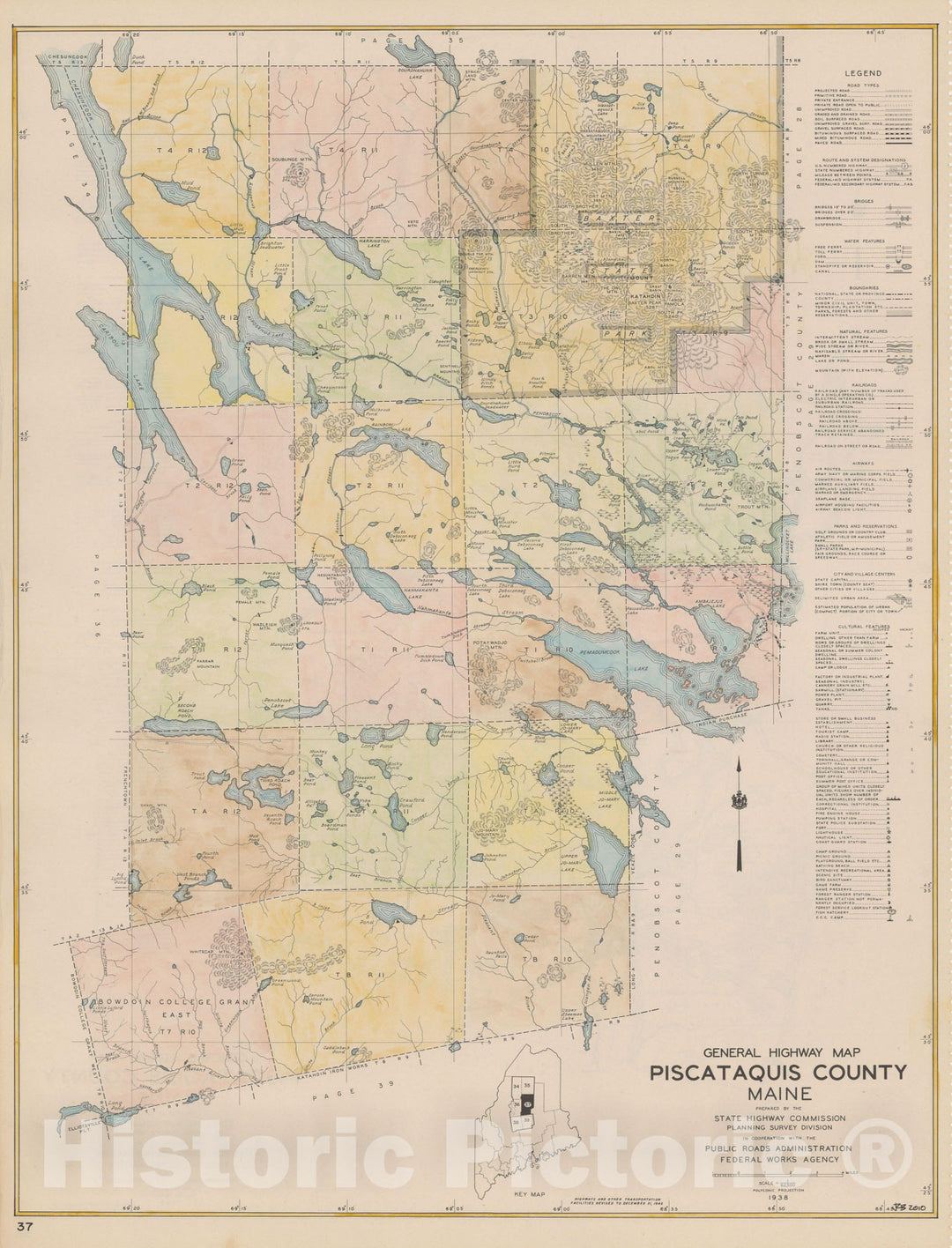 Historic Map : Maine General Highway County Maps, Piscataquis 1938 Plate 037 , Vintage Wall Art