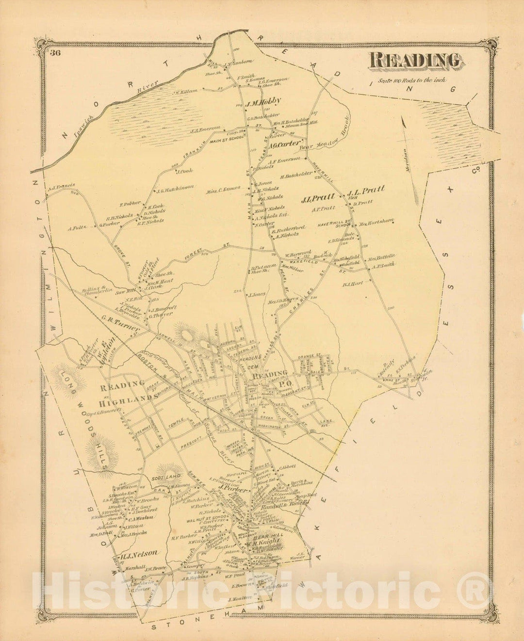 Historic Map : County Atlas of Middlesex Massachusetts, Reading 1875 , Vintage Wall Art