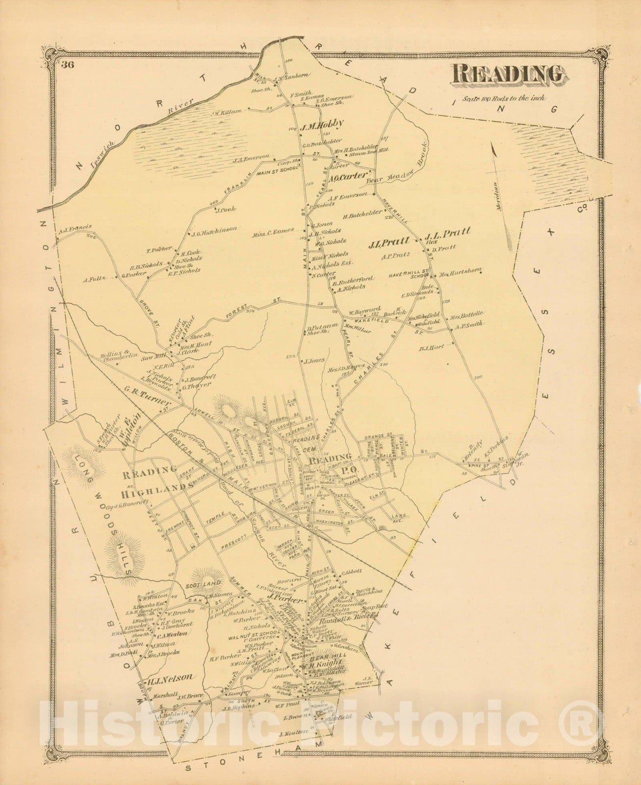 Historic Map : County Atlas of Middlesex Massachusetts, Reading 1875 , Vintage Wall Art