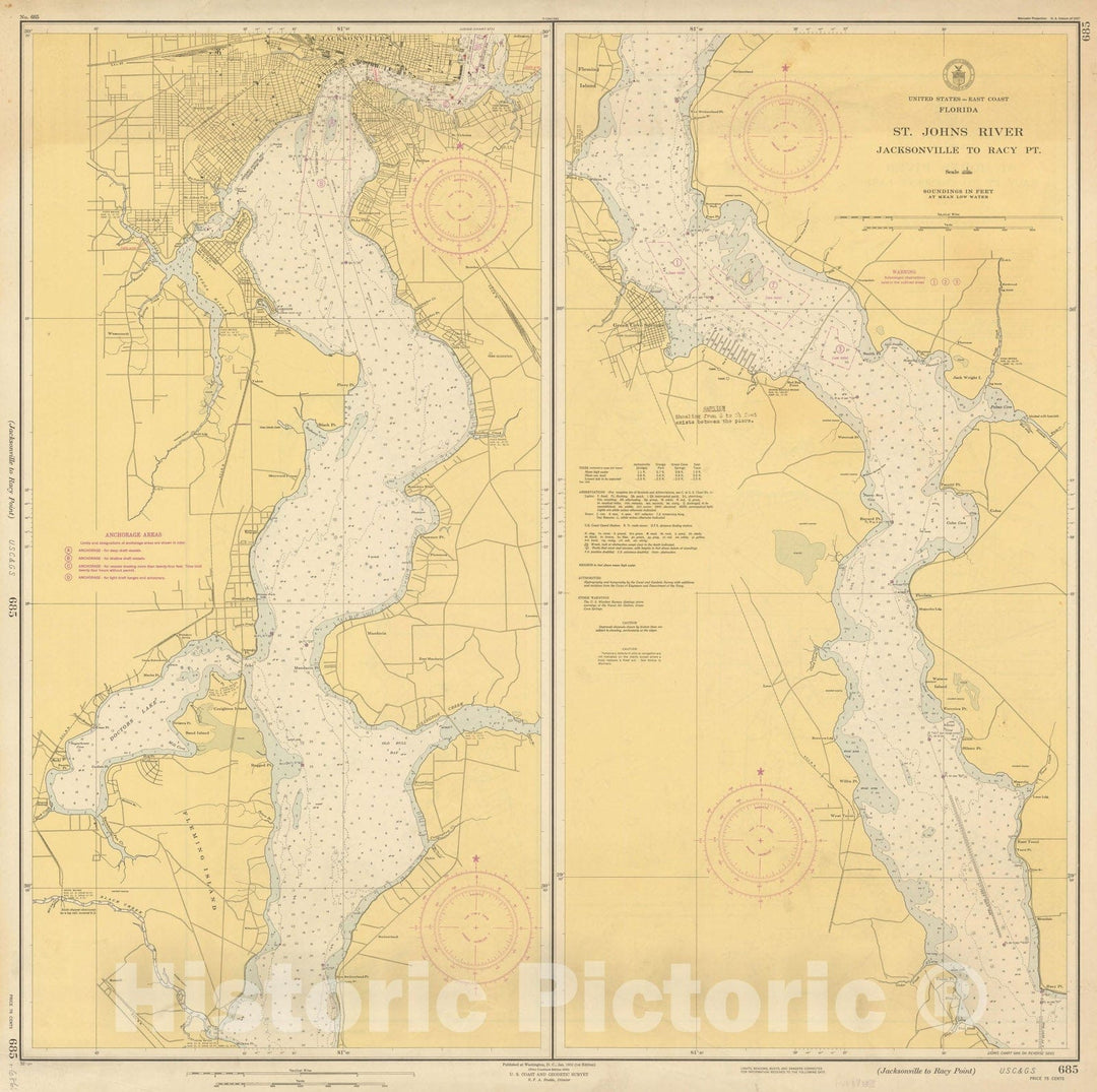 Historic Map : Coastal Charts - Florida St Johns River: Jacksonvillle to Racy Pt 1952 , Vintage Wall Art