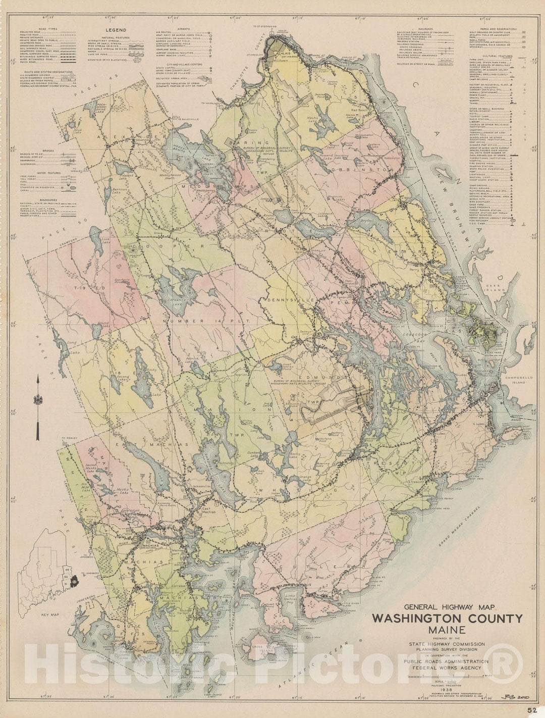 Historic Map : Maine General Highway County Maps, Washington 1938 Plate 052 , Vintage Wall Art