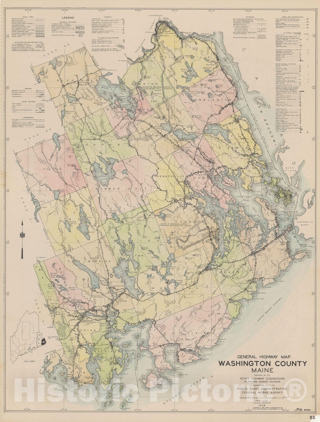 Historic Map : Maine General Highway County Maps, Washington 1938 Plate 052 , Vintage Wall Art