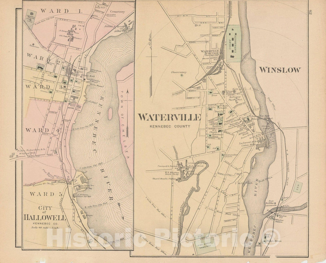 Historic Map : Atlas of Maine, Hallowell & Waterville 1885 , Vintage Wall Art