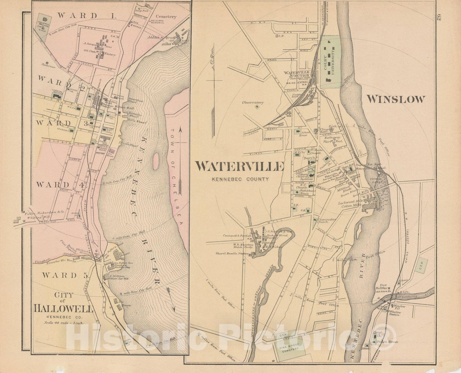 Historic Map : Atlas of Maine, Hallowell & Waterville 1885 , Vintage Wall Art