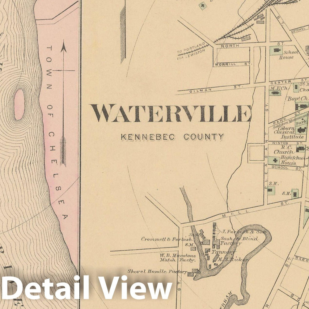 Historic Map : Atlas of Maine, Hallowell & Waterville 1885 , Vintage Wall Art
