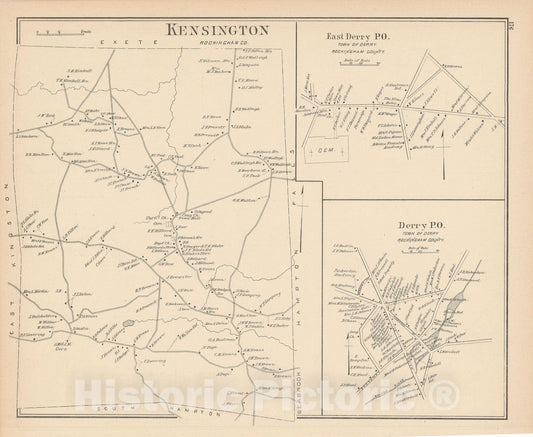 Historic Map : Derry & Kensington 1892 , Town and City Atlas State of New Hampshire , Vintage Wall Art