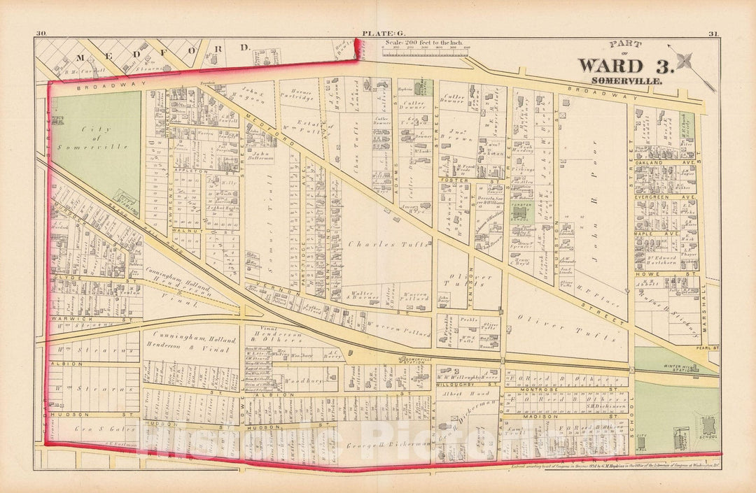 Historic Map : Atlas City of Somerville, Somerville 1874 Plate G , Vintage Wall Art
